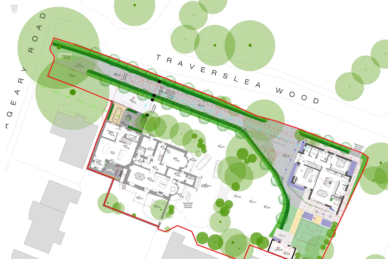Site plan of the subdivided Langara House site at Glenageary Road Lower, showing the retained villa, the new mews dwelling, and the new detached house to the rear.
